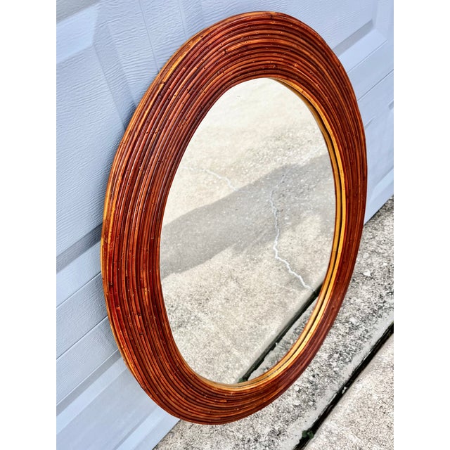 Mid Century Modern Oval Rattan Split Reed Wall Mirror | Attributed to Gabriella Crespi For Sale In Tampa - Image 6 of 14