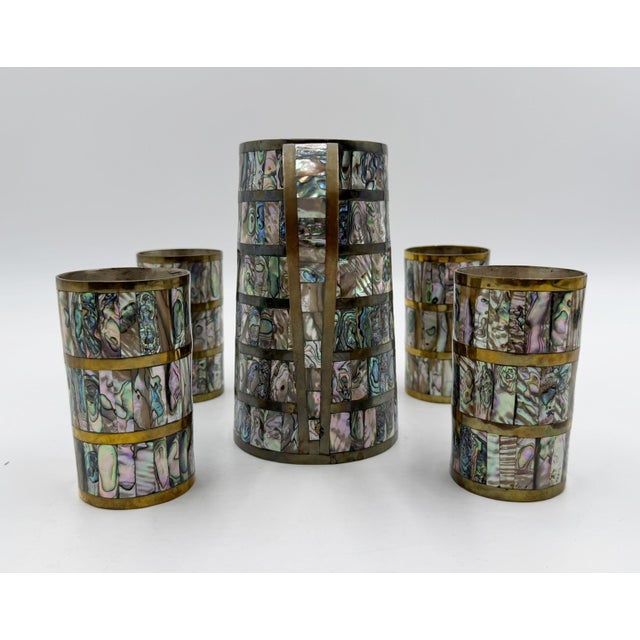 Exceptional 1950s Mexican Modernist pitcher and tumbler set by Alfredo Villasana, designed and handcrafted in Taxco,...