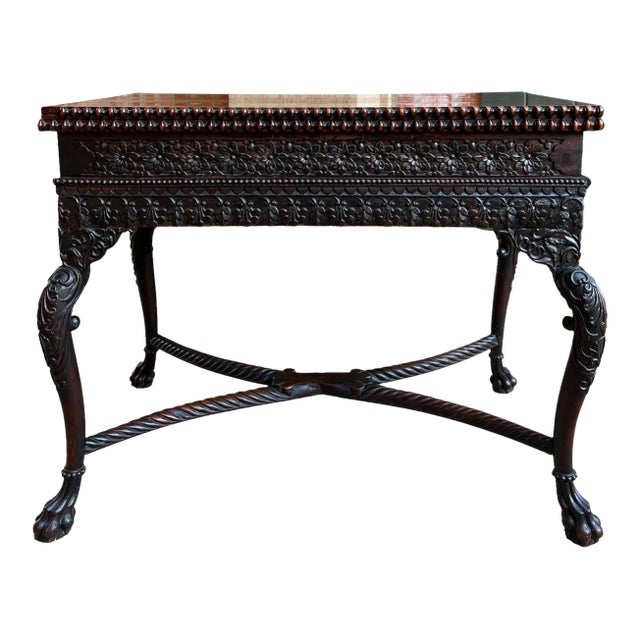 Antique Foyer Hall Table British Colonial Carved Wood Leather Flip Top Burmese For Sale