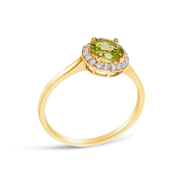 10K Yellow Gold Green Peridot and 1/10 Cttw Diamond Halo Ring, Size 6.5 For Sale - Image 4 of 7