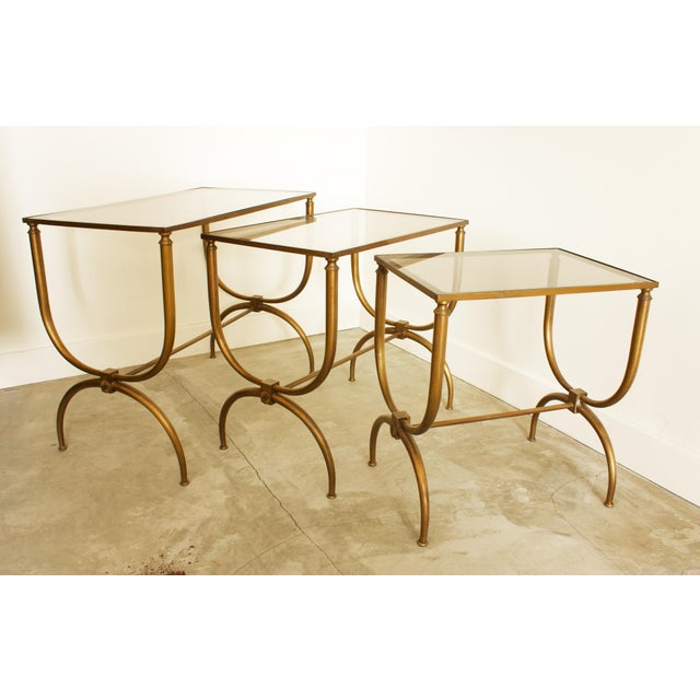 1960s Art Deco Brass and Smoked Glass Nesting Tables - 3 Pieces For Sale In Los Angeles - Image 6 of 9