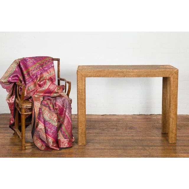 Rustic Mid 20th Century Rustic Chinese Country Style Woven Rattan Console Table For Sale - Image 3 of 13