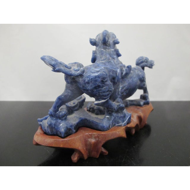 Chinese Chinese Carved Lapis Lazuli 2 Foo Dog Playing Figurine on Wood Stand For Sale - Image 3 of 12
