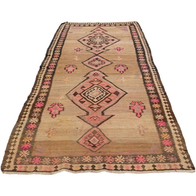 Tribal 1960s Vintage Turkish Kilim Tan Handmade Tribal Wool Rug For Sale - Image 3 of 10