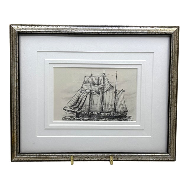 Vintage 20th Century Black and White Sailboat Print Framed For Sale