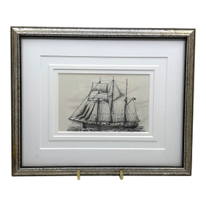 Vintage 20th Century Black and White Sailboat Print Framed
