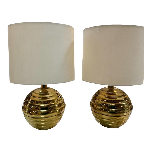 1970s Brass Ribbed Base Table Lamps With Drum Shades - a Pair For Sale