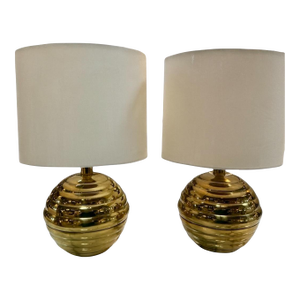 1970s Brass Ribbed Base Table Lamps With Drum Shades - a Pair