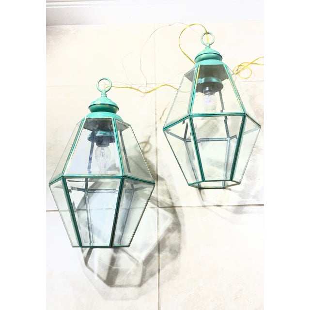1980s Stunning Pair of Vintage Solid Brass & Glass Geometric Hanging Lanterns - a Pair For Sale - Image 10 of 16