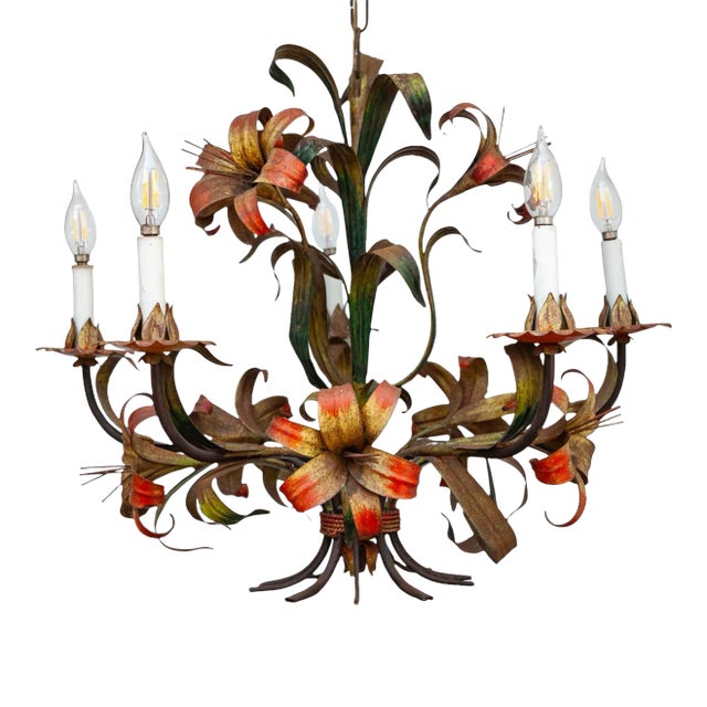 1950s Italian Tole Lilly 5 Light Chandelier For Sale