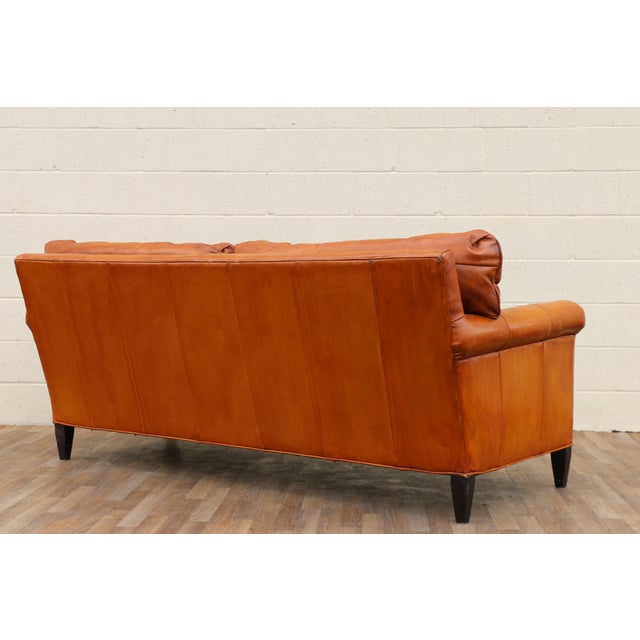 Vintage 1970s Honey Tan Leather Sofa | Tufted Feather Cushion Sofa, American Mid-Century Lounge Seating For Sale - Image 11 of 18
