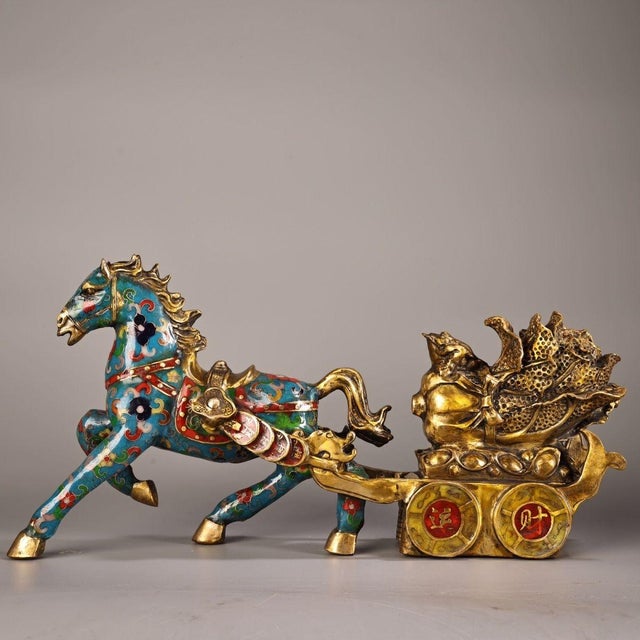 Traditional Vintage Cloisonne Enamel Horse & Cart Figure – 15.7" Gilt Wealth Sculpture For Sale - Image 3 of 9