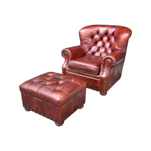 Churchill Tufted Leather Armchair & Ottoman, Newly Dyed, Restoration Hardware Style For Sale - Image 4 of 15