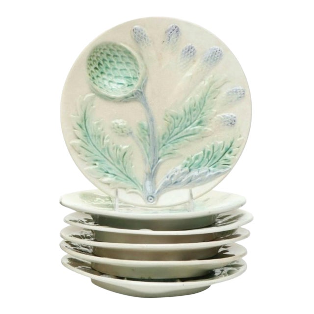 19th Century Luneville French Faïence Barbotine Majolica Asparagus and Artichoke Plates- Set of 6 For Sale