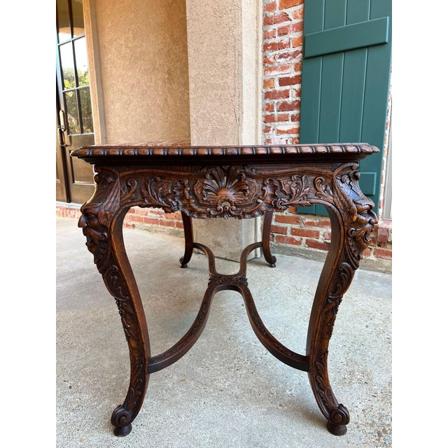 Antique French Center Library Table Louis XV Carved Oak Rococo Parquetry C1890 For Sale - Image 9 of 18