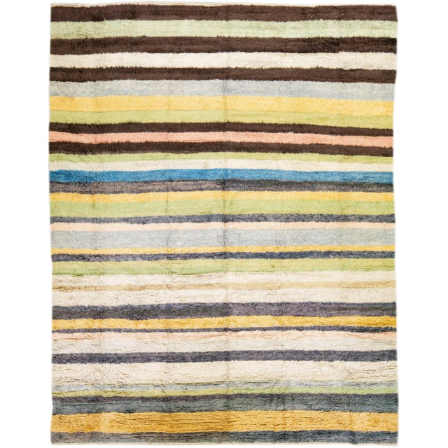 Modern Tulu Handmade Striped Pattern Multicolor Wool Rug For Sale - Image 10 of 10
