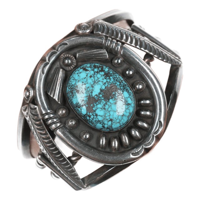 7" 1970's Phil T Navajo Silver cuff bracelet with turquoise For Sale