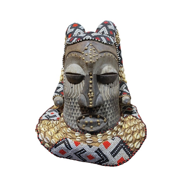 Vintage Large African Tribal Beaded Kuba Royal Head Mask Congo 14" H For Sale In New York - Image 6 of 9