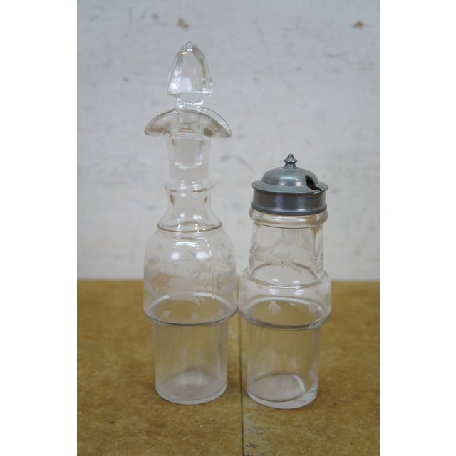 Antique Victorian Silver Plate Etched Glass Cruet Condiment Set 12" For Sale - Image 12 of 18
