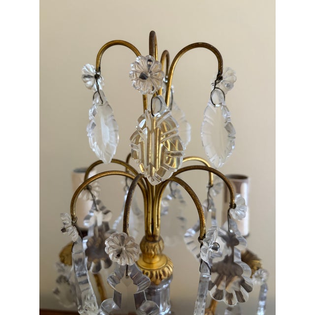 Metal Antique French Dore Bronze & Crystal Girandole Candelabra Lamps - a Pair For Sale - Image 7 of 13