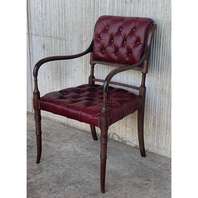Set of Ten Restored Early 20th Century Chesterfield Hardwood Red Leather Dining Armchairs For Sale - Image 18 of 18