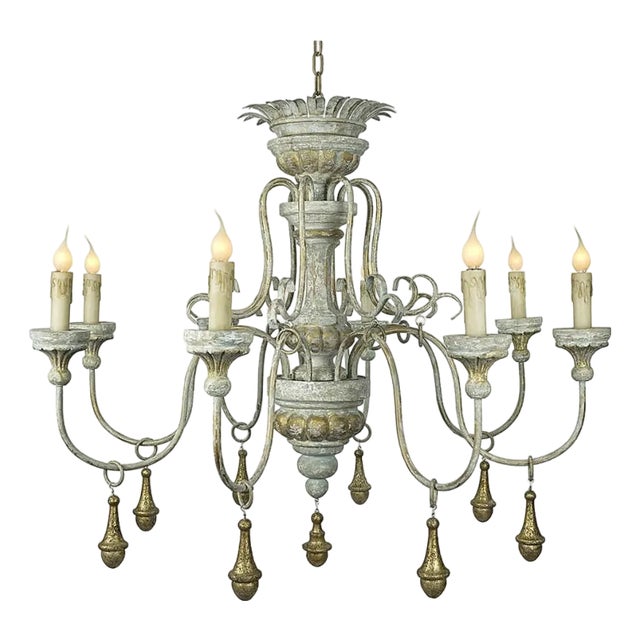 Turned Distressed Rustic Gray Gold Chandelier For Sale