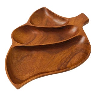 Large Vintage Divided Wood Leaf Tray For Sale