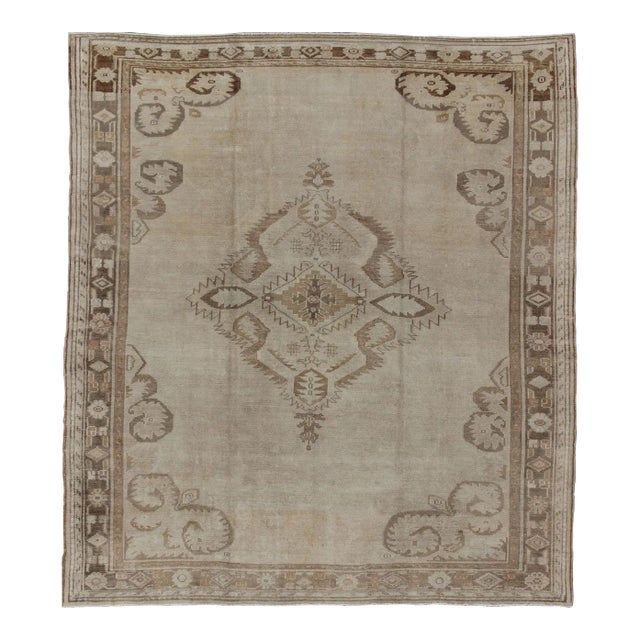 Early 20th Century Large Square Size Vintage Turkish Oushak Rug in Earthy Tones With Medallion For Sale