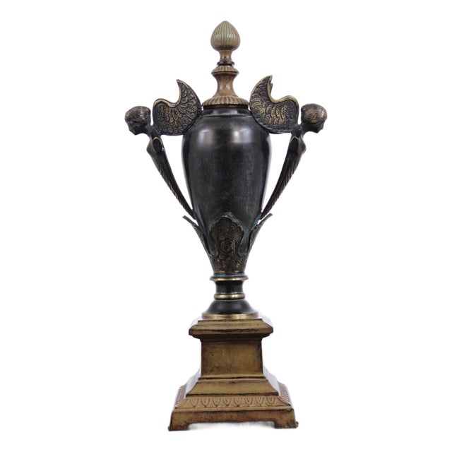 1980s Neoclassical Decorative Bronze Urn With Figural Side Mounts For Sale