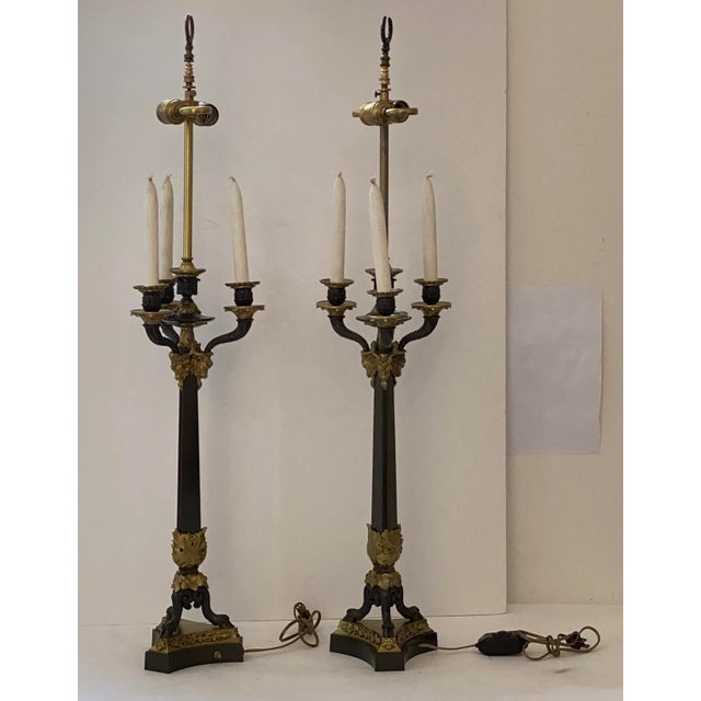 Late 19th Century Pair of French Empire Revival Candelabra Lamps Bronze For Sale - Image 5 of 13