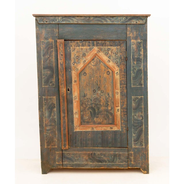 Central European Polychrome-Painted Pine Wardrobe, Austrian, Bavarian, or Alpine, 19th century, green painted with floral...