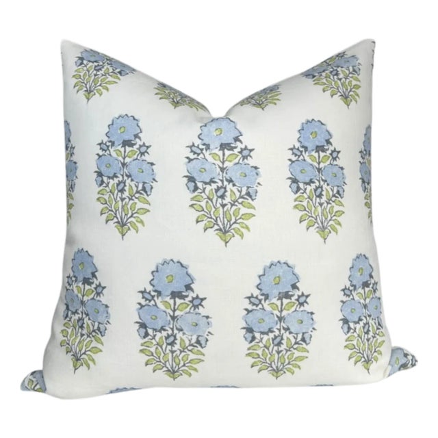 Mughal Linen Pillow Cover in Blue, 22x22 Pillow For Sale