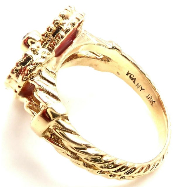 Van Cleef & Arpels Alhambra 18k Yellow Gold Coral Diamond Ring, size 4.75 For Sale In Philadelphia - Image 6 of 10