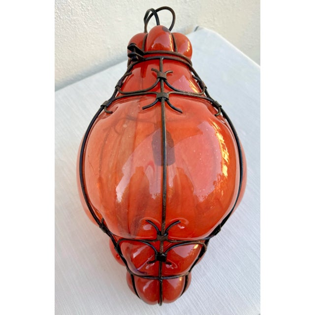 Orange Light Pendants: Pair of Gorgeous Vintage Swirl Italian Murano-Style Caged Glass Lanterns in Coral/ Oranges: Caged Venetian Style For Sale - Image 8 of 10