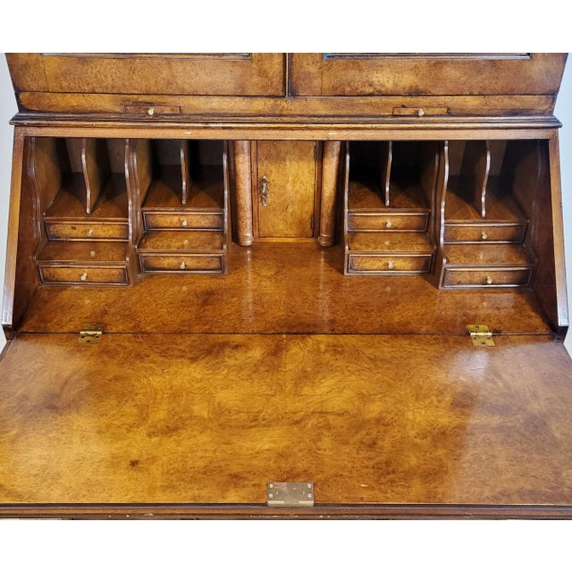 Vintage 20th C English Style Burl Walnut Slant Front Secretary Fitted Interior Desk For Sale - Image 13 of 18