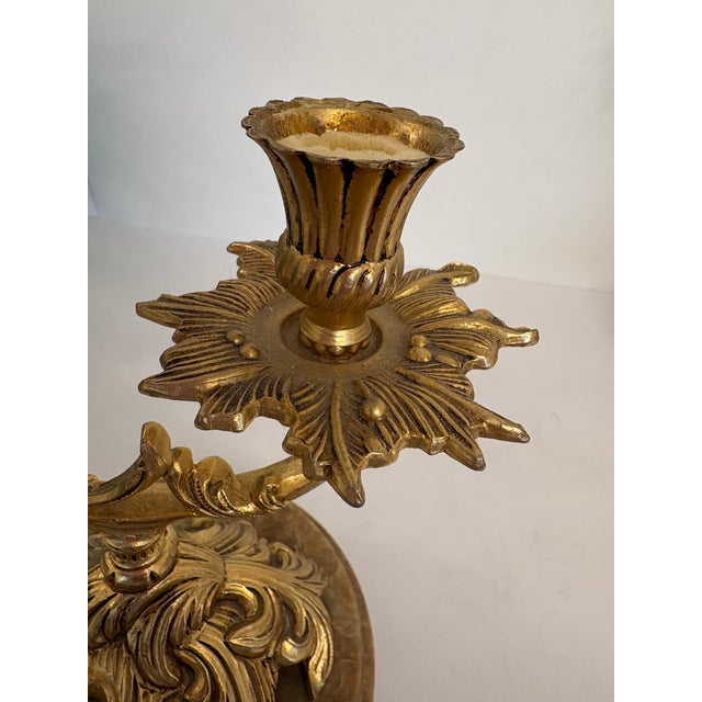 1960s 1960s Hollywood Regency Palm Tree Brass Candleabras on a Marble Base - A Pair For Sale - Image 5 of 10