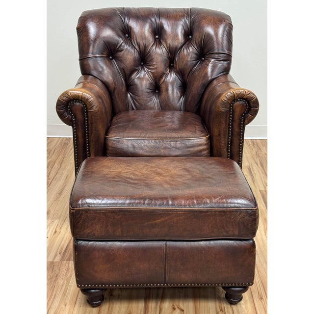 Traditional Vintage Bernhardt Tufted Leather Writers Chair With Ottoman For Sale - Image 3 of 18