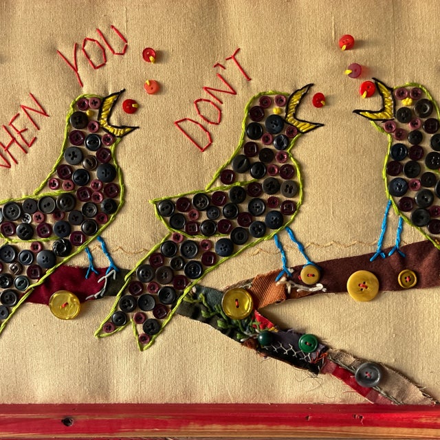 Large Signed Mary Teeter Folk Art Textile – “Sing Loud When You Don’t Know the Words” (2005) Bird Button and Embroidery Collage For Sale - Image 4 of 12