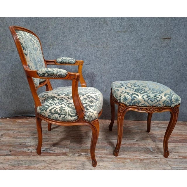 Set of Late 20th Century Cherry Wood Cabriolet Armchair and Ottoman For Sale - Image 4 of 8