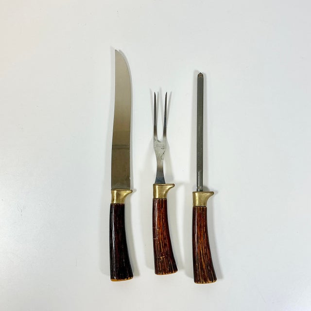 Chestnut 1950s Vintage Sheffield English Rustic European Faux Stag Horn Cutlery - Set of 3 For Sale - Image 8 of 10