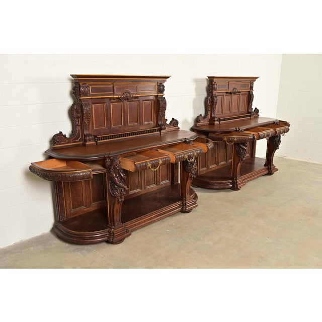 R. J. Horner Renaissance Revival Ornate Carved Oak Sideboards or Bar Cabinets, Circa 1880s For Sale In South Bend - Image 6 of 14