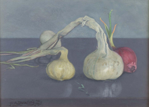 M. Arborelius, Still Life with Onions and Garlic, 1979, Oil on Panel