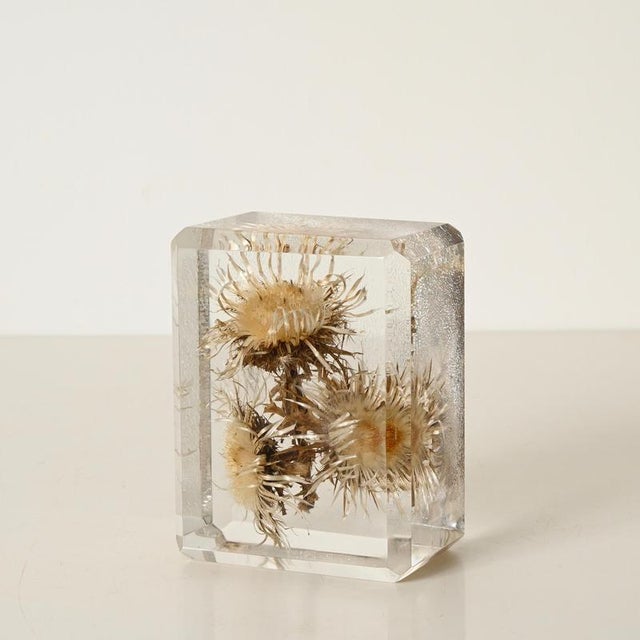 Metal Acrylic Glass Paperweight with Encased Flowers by Pierre Giraudon, France, 1970s For Sale - Image 7 of 14