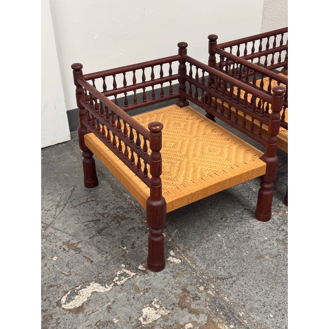 Brown Indian Vintage Rush Seat Low Chairs, Pair For Sale - Image 8 of 12