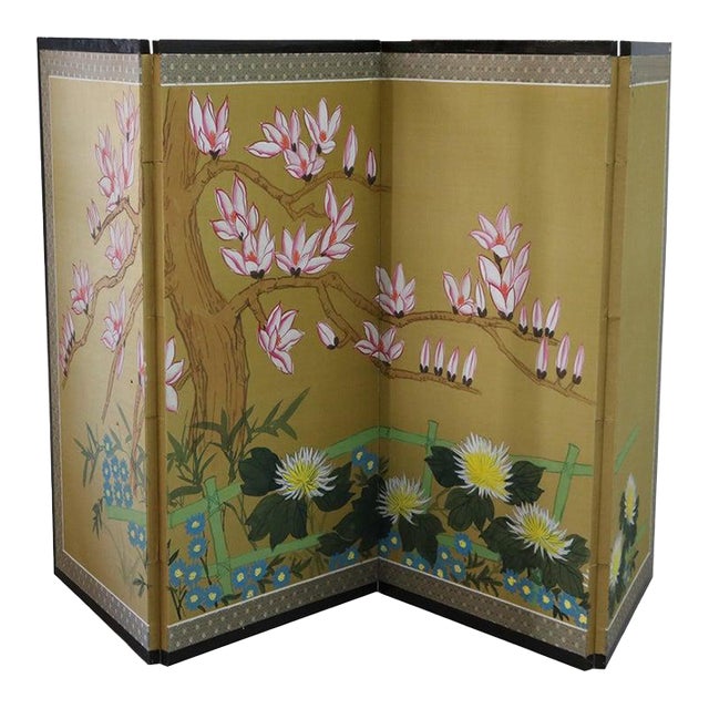 Chinese Floral Decorated and Ebonized Folding Table Screen 20thC For Sale