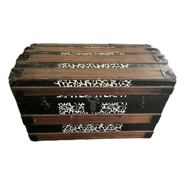 Antique Steamer Trunk Dome Top Embossed Metal Finish With Wheels For Sale