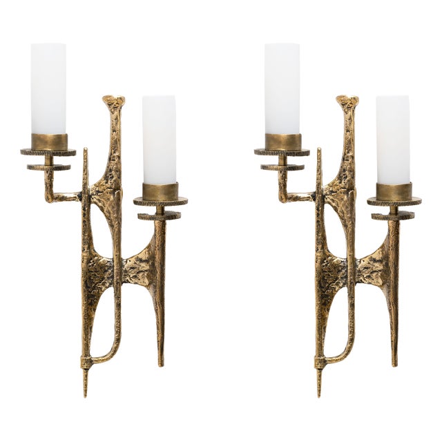 Brutalist Bronze Wall and Murano Glass Sconces, 2000, Set of 2 For Sale