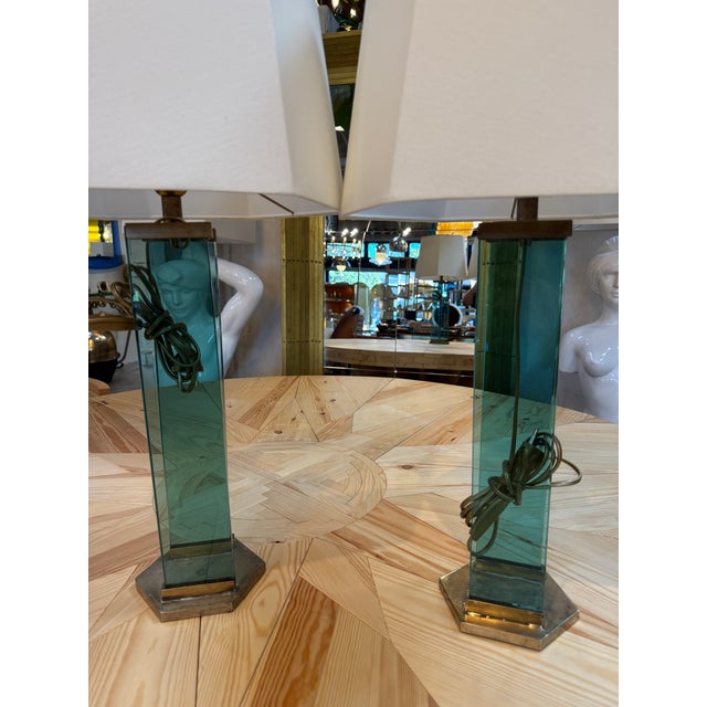 1970s Fontana Arte Style Brass and Blue Glass Table Lamps - a Pair For Sale - Image 9 of 10
