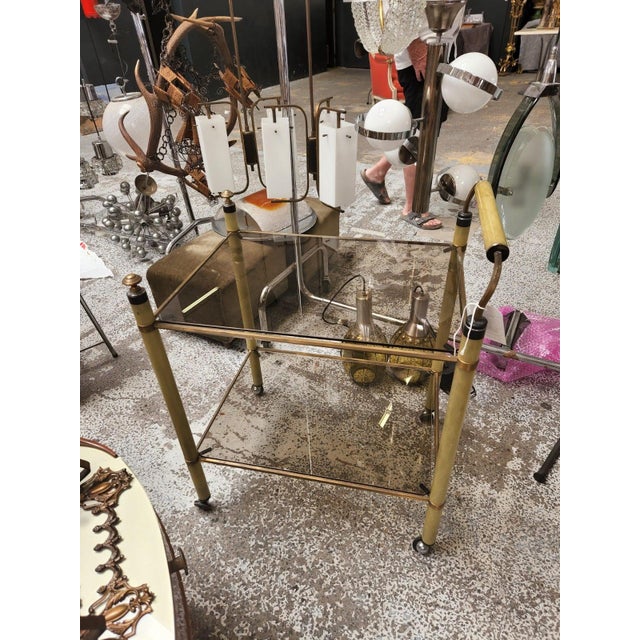 Vintage Brass and Smoky Glass Bar Cart For Sale In Chicago - Image 6 of 6