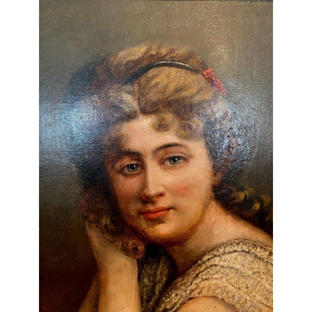 Framed oil on canvas "bust portrait of a young woman" wooden and gilded stucco frame signed lower right, signature not...
